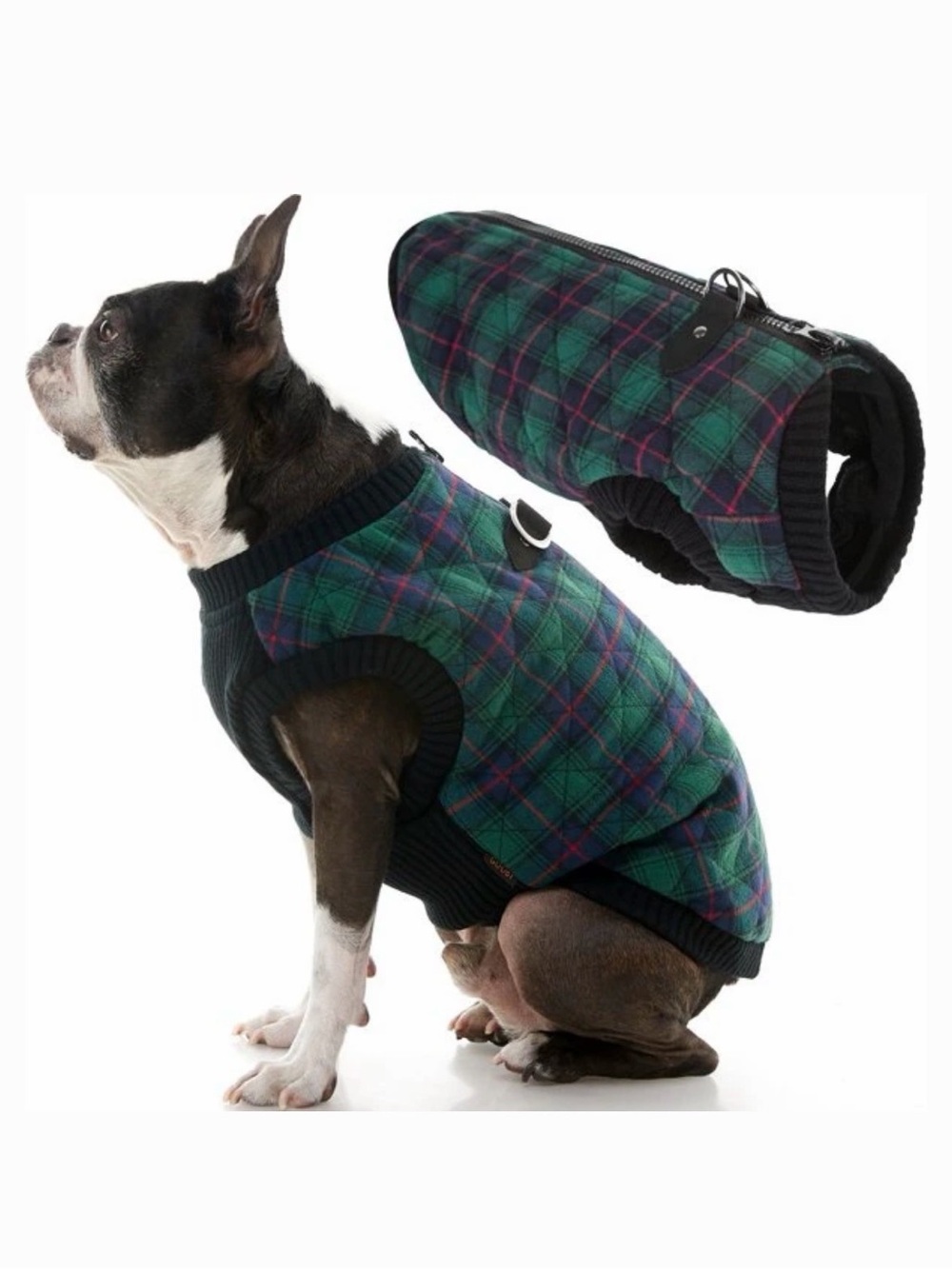 Plaid Green Dog Coat with Harness Opening - Brand: